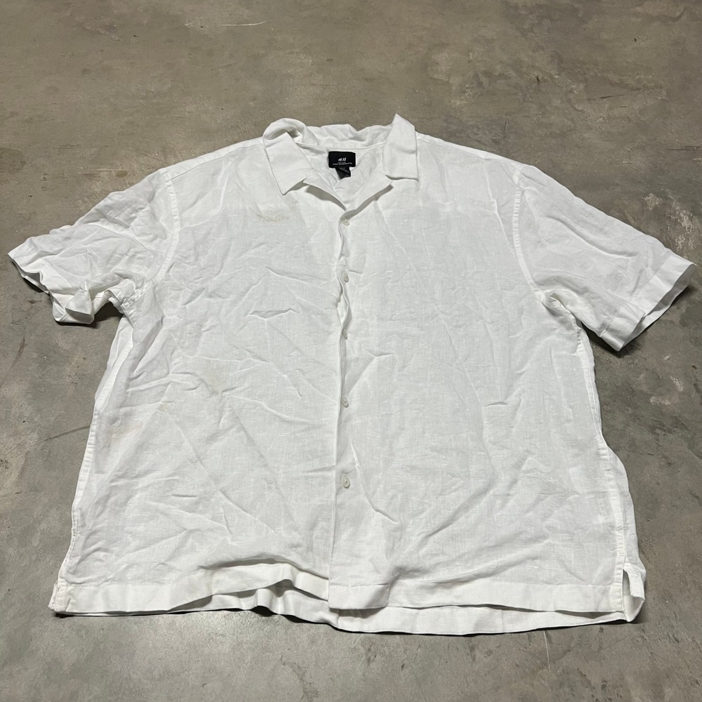 HM Relaxed Fit Linen Blend Short Sleeve Button Down Shirt White Mens XL